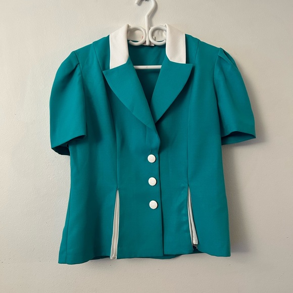 1980’s Vintage Turquoise Two-Piece Suit Set Short Sleeves - Picture 6 of 10